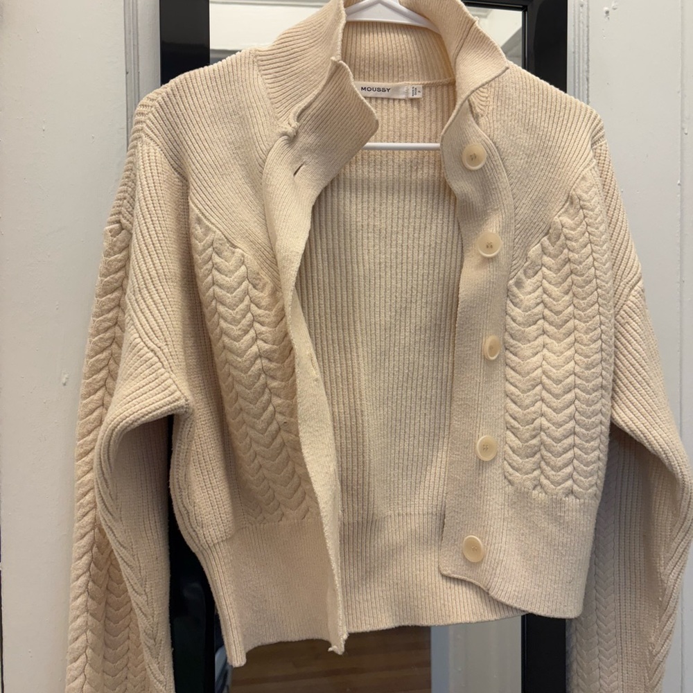 Moussy Cream Chevron Knit Cardigan Sweater